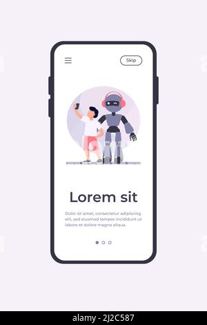 Garçon prenant le selfie avec l'humanoïde. Enfant avec cyborg, enfant avec illustration de vecteur plat de robot. Robotique, ingénierie, concept d'enfance pour bannière, webs Illustration de Vecteur