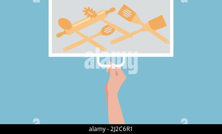 Tiroir de cuisine avec cuillères et spatules en bois. Une main de femme ouvre un placard dans la cuisine. Illustration vectorielle. Illustration de Vecteur