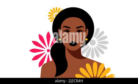 Portrait de belles femmes à la peau sombre avec des fleurs gigantesques. Brunette, cheveux longs, queue de cheval. Portrait féminin, tête, épaules, forme florale abstraite Illustration de Vecteur