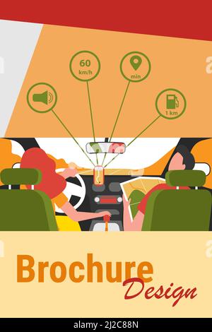 Conducteur et passager naviguant sur la route à l'intérieur d'une carte et d'une application mobile. Vue arrière des personnes à l'intérieur de la voiture. Illustration vectorielle pour la navigation, la transmission Illustration de Vecteur