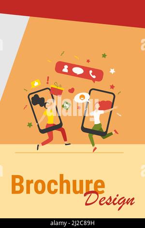 Clients partageant des références et gagnant de l'argent. Les utilisateurs de téléphones mobiles discutent, échangent des cadeaux. Illustration vectorielle pour recommander un ami, recommander, loy Illustration de Vecteur