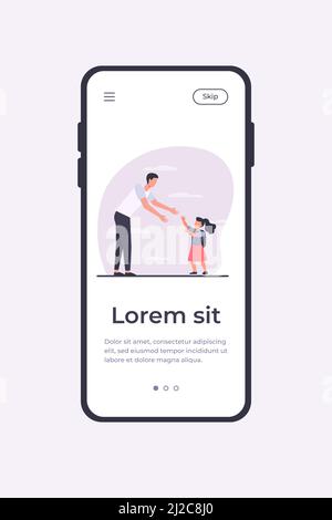 Papa rencontre fille à l'extérieur. Homme et fille marchant les uns vers les autres et atteignant les mains pour l'illustration de vecteur plat de hug. Parent, paternité, conce de famille Illustration de Vecteur