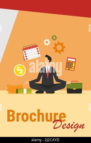 Homme d'affaires heureux faisant du yoga au travail. Employé en costume assis dans la posture de lotus et gardant les mains dans le geste zen. Illustration vectorielle pour la relaxation, str Illustration de Vecteur