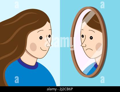 Femme souriante regardant sa triste réflexion de visage dans le miroir. Illustration du vecteur de concept d'anxiété ou de problème mental. Illustration de Vecteur