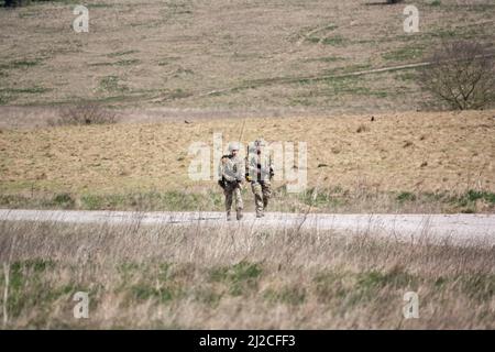 Des soldats de l'armée britannique effectuent un exercice de taubbing d'essai de forme physique de combat de 8 miles avec 25kg bergen Banque D'Images