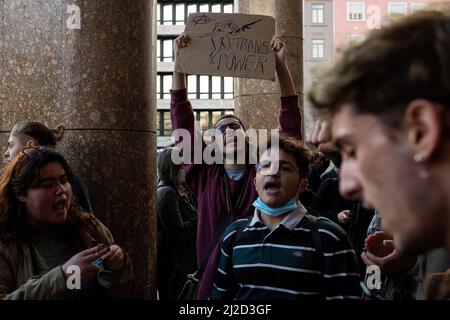 Porto, Portugal. 31st mars 2022. Un activiste tient des pancartes lors d'une manifestation pacifique. Une journée qui célèbre les personnes transgenres, ainsi que leurs contributions à la société et sensibilise la communauté transgenre à la discrimination à laquelle elle est confrontée dans le monde entier. Des dizaines de manifestants se sont rassemblés dans une manifestation pacifique pour marquer la Journée internationale de visibilité transgenre à Porto. Crédit : SOPA Images Limited/Alamy Live News Banque D'Images