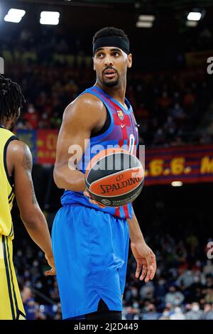 BARCELONE - 25 MARS : Brandon Davies en action pendant le match Euroligue des compagnies aériennes turques entre le FC Barcelone et Fenerbahce SK Istambul aux Palaos Banque D'Images