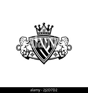 MON logo Monogram lettre avec simple motif de style de couronne de bouclier. Monogramme de luxe, logo de luxe lion, Illustration de Vecteur