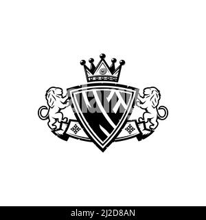 LETTRE DU logo « WE Monogram » avec motif de couronne de bouclier simple. Monogramme de luxe, logo de luxe lion, Illustration de Vecteur