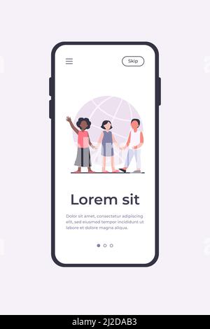 Les enfants multiethniques tiennent la main. Globe en arrière-plan. Illustration vectorielle plate World, multinationale, ami. Diversité et nations concept de bannière, Illustration de Vecteur