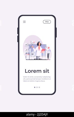 Illustration vectorielle de l'assistance médicale en ligne. Homme utilisant l'application pour smartphone pour consulter un médecin. Homme patient discutant avec un praticien sur Internet Illustration de Vecteur