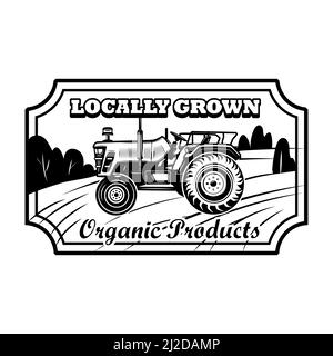 Illustration vectorielle du badge produit biologique. Tracteur agricole, cadre hexagonal, texte cultivé localement. Concept d'agriculture ou d'agronomie pour emblèmes, timbres, la Illustration de Vecteur