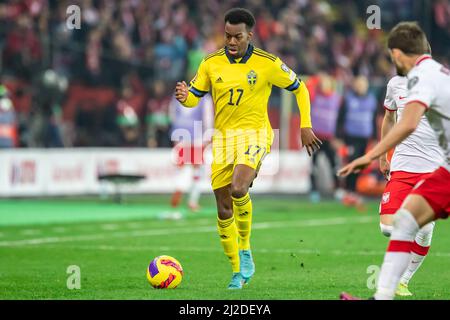 Chorzow, Pologne. 29th mars 2022. Anthony Elanga de Suède vu en action lors du match de qualification de la coupe du monde de la FIFA 2022 entre la Pologne et la Suède au stade Silésien de Chorzow, en Pologne. (Note finale; Pologne 2:0 Suède). Crédit : SOPA Images Limited/Alamy Live News Banque D'Images