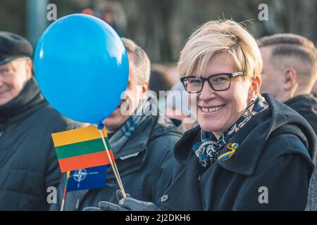 Ingrida Šimonytė, politicien, économiste et Premier ministre lituanien lors d'une cérémonie à Vilnius avec drapeau lituanien et OTAN Banque D'Images