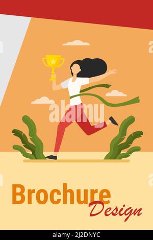 Femme de course à pied gagnant. Coupe de maintien de leader de marathon, ligne de croisement avec illustration de vecteur plat de ruban rouge. Concours, prix, concept de trophée Illustration de Vecteur