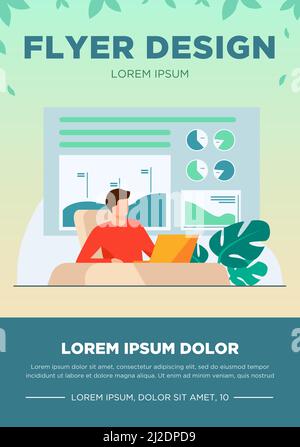 Opérateur assis et travaillant à l'ordinateur portable. Graphiques à barres, diagrammes circulaires dans l'illustration vectorielle plate d'arrière-plan. Lieu de travail, marché boursier, concept de communication Illustration de Vecteur