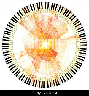 Des touches de piano noir et blanc avec une teinte d'âge se sont formées en cercle avec une explosion comme arrière-plan abstrait Banque D'Images
