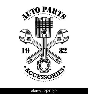 Vintage car parts vector illustration. Chrome piston, crossed wrenches build, auto parts and accessories text. Car service or garage concept for emble Stock Vector