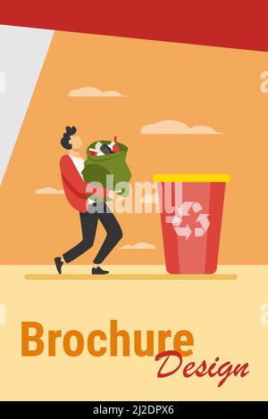 Un jeune homme porte un sac avec les ordures dans la poubelle. Illustration contenant, déchets, vecteur plat de courrier indésirable. Écologie et concept de recyclage pour bannière, site Web Illustration de Vecteur