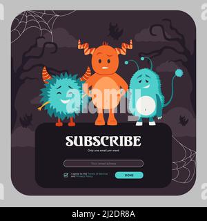 E-mail s'abonner design avec des monstres amusants colorés. Modèle de bulletin d'information en ligne avec des créatures à fourrure avec des cornes. Célébration et Halloween concept. De Illustration de Vecteur