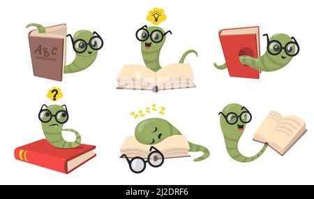 Ensemble d'articles plats de bookworms amusants. Bibliothèque de dessins animés vers en lunettes lecture livre, dormir et sourire isolé vecteur illustration collection. Animaux Illustration de Vecteur