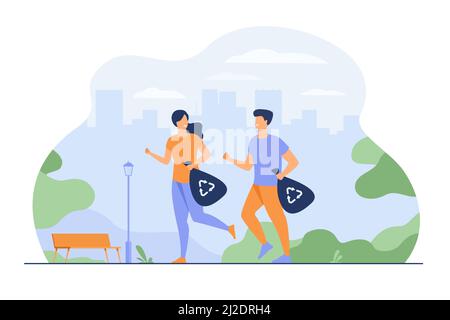 Couple heureux de courir et de porter des sacs poubelles avec des affiches de recyclage. Les jeunes ramassant la litière tout en faisant du jogging. Pour le blogging, société écologique, g Illustration de Vecteur