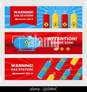 Mise en place de bannières d'avertissement pour station-service. Réservoirs et cylindres, illustrations de vecteur de flèche de destination avec zone de danger . Modèles pour les panneaux et s de station-service Illustration de Vecteur