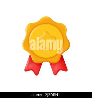 Médaille d'or avec étoiles et rubans. Médaille du gagnant, qualité supérieure, symbole de garantie de qualité. 3D icône vectorielle en style dessin animé minimal Illustration de Vecteur