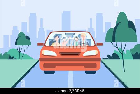 Un couple familial heureux et deux enfants en voiture. Père conduisant une automobile. Vue avant. Illustration vectorielle pour les voyages, les déplacements sur route, les transports en commun Illustration de Vecteur