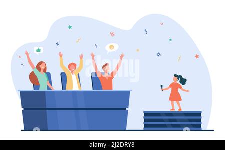 Spectacle de talents pour enfants. Les juges approuvent le chant de fille sur scène illustration vectorielle plate. Compétition, performance, concept d'enfance pour bannière, site web des Illustration de Vecteur