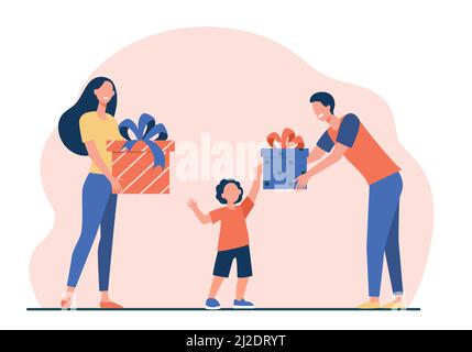 Parents heureux donnant des cadeaux à son fils. Garçon recevant anniversaire présente illustration vectorielle plate. Surprise, Noël, concept d'enfance pour bannière, websit Illustration de Vecteur