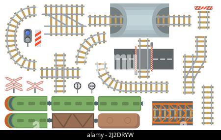 Jeu d'éléments plats pour voies ferrées et voies ferrées. Vue de dessus de la gare et de la collection d'illustrations vectorielles isolées des lignes de train. Vue de dessus. Inconvénients Illustration de Vecteur