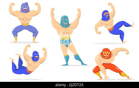 Ensemble d'articles plats pour les combattants mexicains dans des masques. Catcheurs de dessins animés debout, montrant des muscles, tombant, souriant isolé collection d'illustrations vectorielles. Lucha Illustration de Vecteur