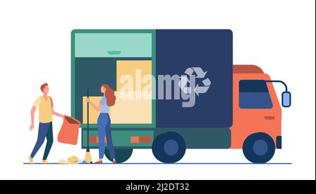 Les personnes qui chargent les déchets dans le camion. Illustration du vecteur plat de ramassage des déchets avec l'affiche de recyclage. Élimination des ordures, bénévolat, collecte des ordures concept Illustration de Vecteur