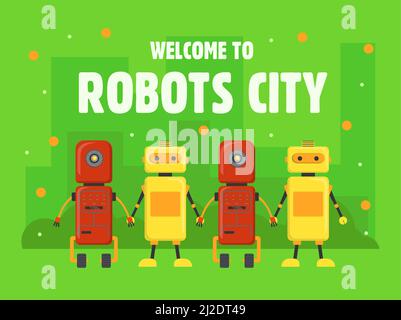 Motif robots City Cover. Humanoïdes, cyborgs, assistants tenant des mains des illustrations vectorielles avec du texte sur fond vert. Concept robotique pour welcom Illustration de Vecteur