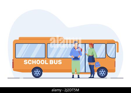 Couple d'adolescents debout à l'autobus scolaire. Élèves, garçon et fille parlant illustration vectorielle plate. Navettage, rencontres, concept de jeunesse pour bannière, websi Illustration de Vecteur