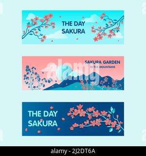 Bannières de jardin Sakura pour la promotion. Fleurs et branches modernes et lumineuses. Japon et concept de printemps. Modèle pour affiche, promotion ou W Illustration de Vecteur