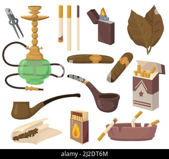 Ensemble d'accessoires pour fumeurs. Feuilles de tabac, cigarettes, narguilé, cigare, pipe, cendrier isolé sur fond blanc. Collection d'illustrations vectorielles pour dr Illustration de Vecteur