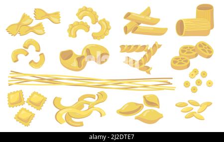 Assortiment de pâtes. Macaroni de blé cru, nouilles, penne, raviolis, spaghetti isolés sur fond blanc. Illustration vectorielle pour les ingrédients, cuisine Illustration de Vecteur