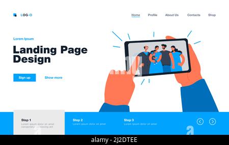 Mains humaines tenant un smartphone avec une illustration vectorielle plate isolée de la famille selfie. Photo de dessin animé de maman, papa, grands-parents et enfant faisant dîner dans Illustration de Vecteur