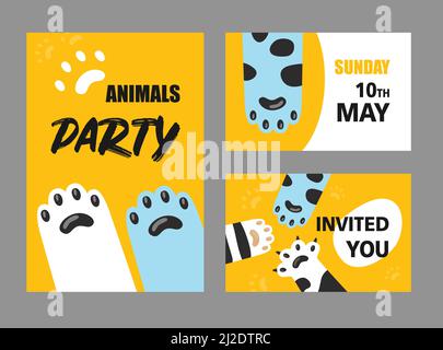 Animaux fête cartes d'invitation ensemble. Illustrations vectorielles de pattes et de griffes de chat avec texte et date sur fond blanc et jaune. Café, magasin pour animaux, abri Illustration de Vecteur