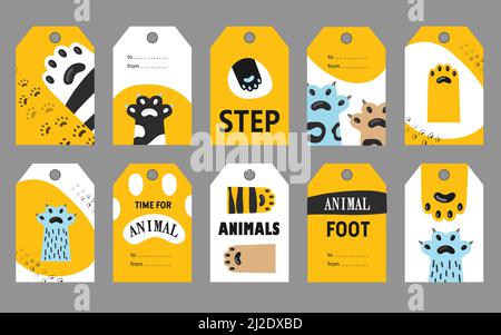 Jeu d'étiquettes pour pied animal. Illustrations vectorielles de pattes et de griffes de chat avec texte sur fond blanc et jaune. Concept de café amical ou de magasin pour animaux de compagnie pour les voyageurs, Illustration de Vecteur