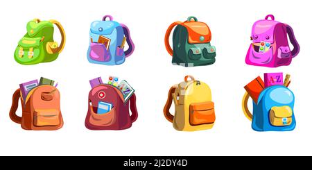 Ensemble de sacs pour enfants à dessin animé. Sacs à dos pour enfants avec fournitures dans des poches ouvertes, sacs colorés et sacs à dos. Illustration vectorielle pour e Illustration de Vecteur