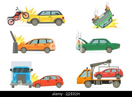 Accidents de voiture en place. Accident de la route avec voiture en feu, moto, camion, camion de serviette isolé sur fond blanc. Collection d'illustrations vectorielles pour trans Illustration de Vecteur