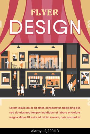 Intérieur du grand magasin avec les clients. Les gens magasinent dans le centre commercial de la ville, se prominent à travers les halls de bâtiment devant les fenêtres, portant des sacs. Pour le marché, la vente, Illustration de Vecteur