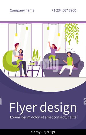 Père qui accueille trois enfants à la maison. Des enfants heureux jouant à des jeux et s'amuser avec leur père. Illustration vectorielle plate pour parents uniques, famil Illustration de Vecteur