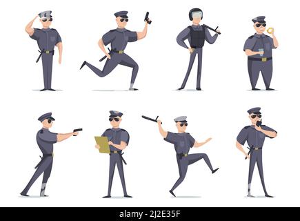 Drôle de policier américain dans différents poses plat article ensemble. Personnage de dessin animé en tenue cop avec collection d'illustrations vectorielles isolées par un canon. Police an Illustration de Vecteur