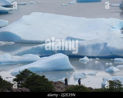 Le Chili, 22-01-2020, a fondu des icebergs dans le lac en face du glacier Gray dans le parc Torres del Paine . Les touristes peuvent louer des canoës et avec un guide Banque D'Images