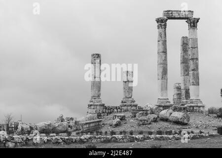 Noir et blanc, Temple d'Hercules, Citadelle d'Amman, Jordanie Banque D'Images