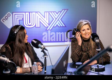 Queen Maxima des pays-Bas à la station de radio NPO FunX à Rotterdam, le 01 avril 2022, lors de l'émission du matin « Start with Fernando », elle parle de l'importance de la santé financière et répond aux questions des auditeurs sur les finances photo: Rotapool/S.vd Wal/Albert Nieboer/Netherlands OUT/point de vue OUT Banque D'Images